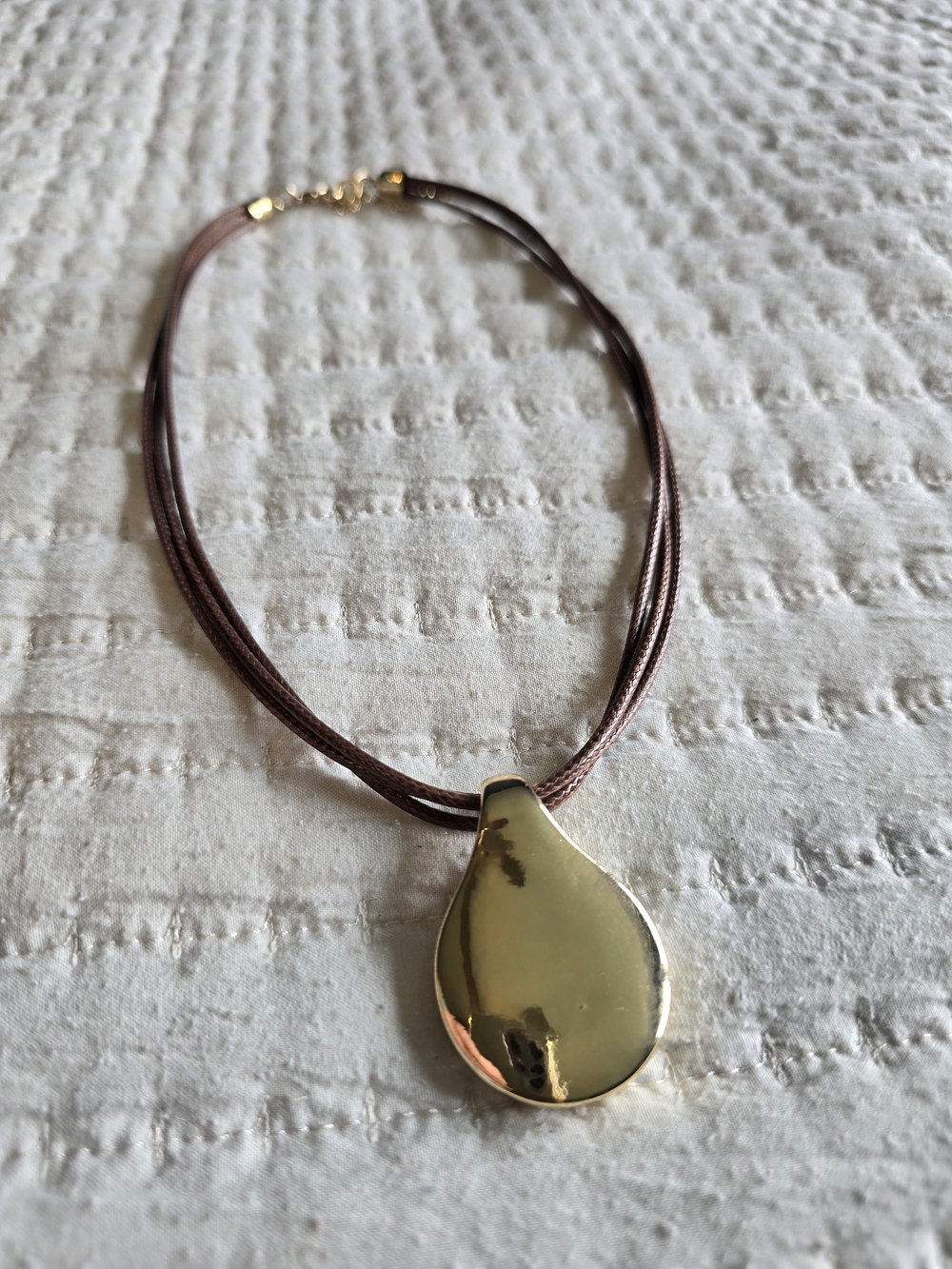 Gold Teardrop Pendant Necklace with Triple Brown Cord